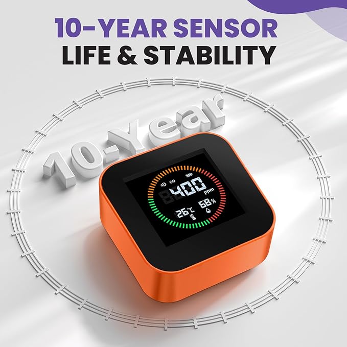 3-in-1 Portable Carbon Monoxide Detector | UL-Compliant CO Detector, Temp, Humidity Monitor for Travel, Camping, RV | USB-C Rechargeable (1, Orange)