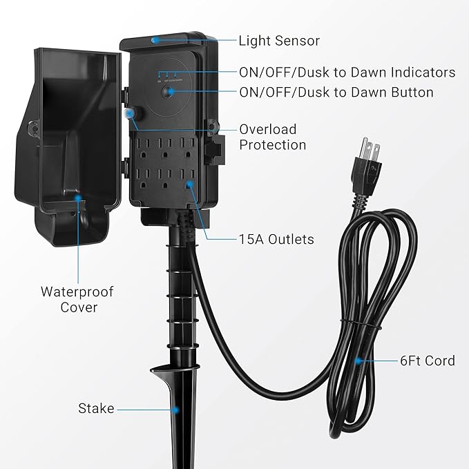 DEWENWILS Dusk to Dawn Outdoor Power Strip Stake with Overload Protection, 6FT Extension Cord, 6 Outlets, Waterproof Yard Stake Outlets for Halloween/Christmas Decor Lights, Fountains, 15A/1875W