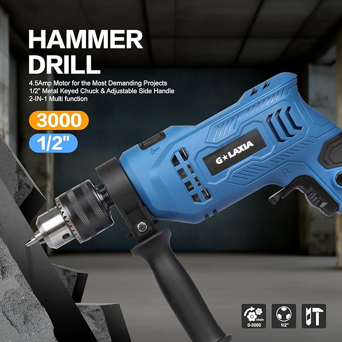 Hammer Drill, 4.5A 1/2 Corded Hammer Kit, 0-3000RPM Variable Speed Impact Drill with 105pcs Drill Bit Set, Carrying Case Included