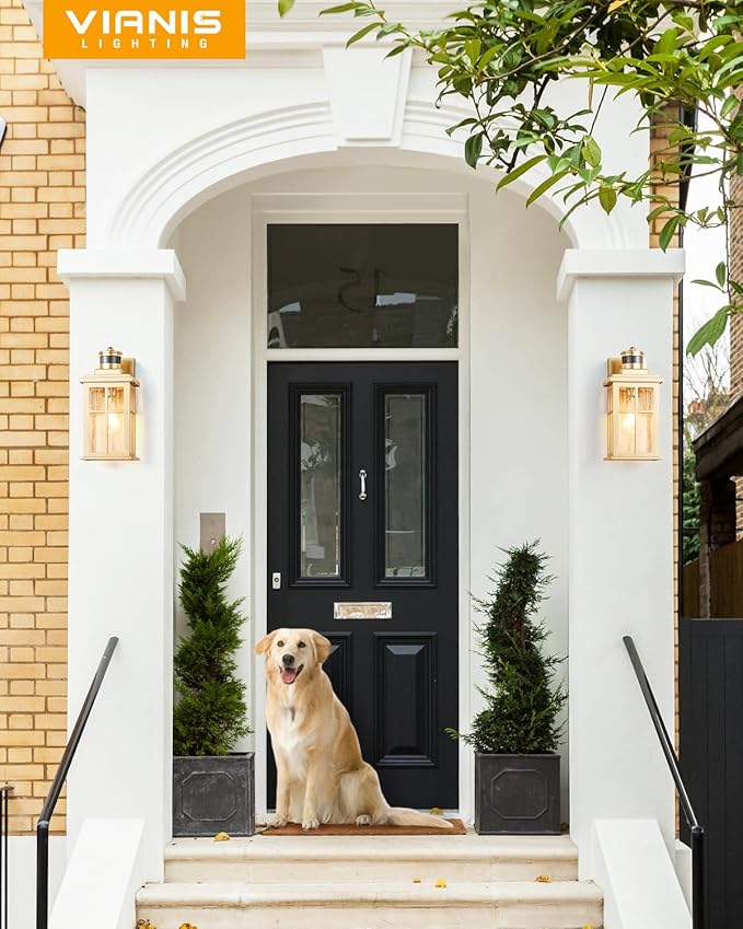 VIANIS 2 Pack Motion Sensor Outdoor Wall Lights, Modern Gold Exterior Garage Lighting Fixtures Wall Mount for House, Anti-Rust Waterproof Dusk to Dawn Front Porch Lights Wall Lantern Sconce for Patio