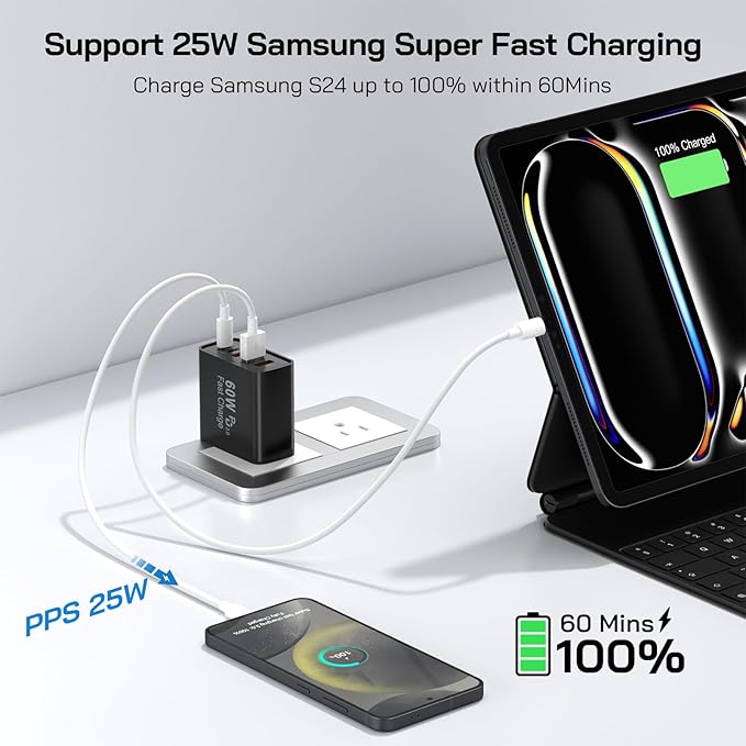 2Pack USB C Fast Charger Block, 60W 5-Port USB C Wall Charger 30W Type C Charging Block, 2USB C+3USB A PPS/PD 3.0 Multiport Charging Cube for iPhone 16 15 14 13 Pro Max,for Galaxy S25 S24 Ultra, i Pad