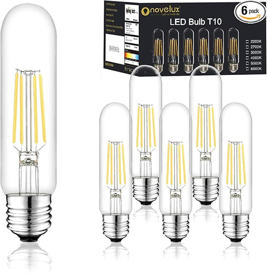5 Inch Edison Bulb, 6000K Cool White E26 Led Bulb 6W Dimmable, 800LM T10 T9 Bulb Clear Glass Tubular Light Bulbs, AC 120V Equal 80 Watt Bulbs for Chandelier Pendant Wall Light - 6Pack