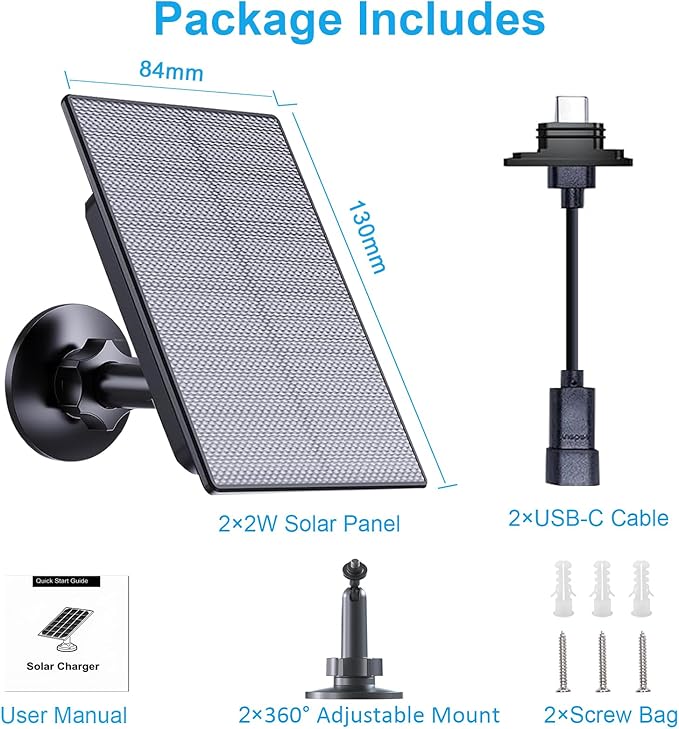 2W Solar Panel Compatible with Blink Outdoor 4(4th Gen)/3rd Gen/XT2/XT Camera, Micro USB & USB-C Solar Charger with10ft Cable, IP66 Waterproof, 360°Adjustable Mount, 2Pack