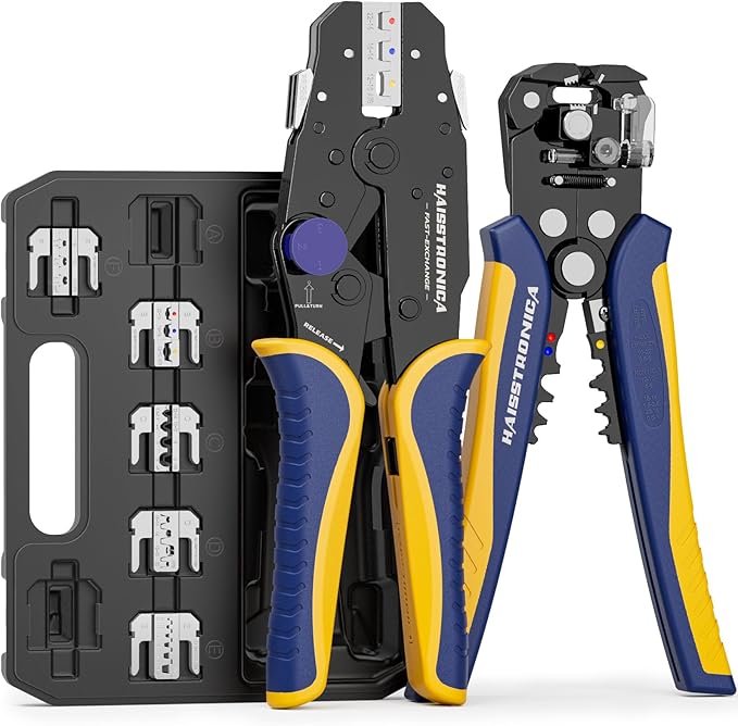 Haisstronica 8PCS Rapid Replace Ratchet Crimping Tool Set with Pressure Regulating, Automatic Wire Stripper Heat Shrink, Non-Insulated, Open Barrel, Solar, Ferrule Connectors