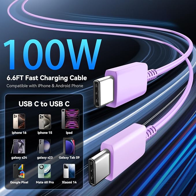 Phone 16 Pro Max Charger Fast Charging, 45W Super Fast USB C Charger Block with 6.6FT Long Charging Cord Cable for Phone 16 Pro Max/16 Pro/16/16 Plus,15 Pro Max/15 Pro/15,Android Phone-Purple