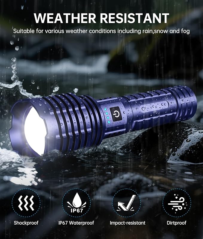 Flashlights High Lumens, 5000.000LM Super Bright Rechargeable Flashlight with USB C, 5 Light Modes, Zoomable, IP67 Waterproof, High Powered Flashlight for Camping Emergencies