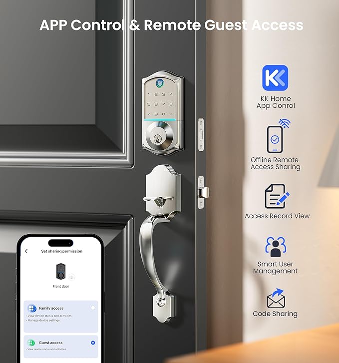 Veise VE017-H Fingerprint Smart Front Door Lock Set, App Control, Keyless Entry Deadbolt with Handle, Smart Deadbolt, Emergency Power Port, Touchscreen Keypad, Auto Lock, Easy Install, Satin Nickel