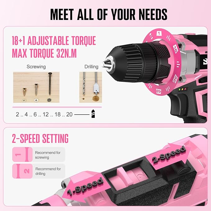 20V 236Pcs Cordless Pink Drill Set - Essential Women's Pink Tool Set, Lady's Basic Home Tool Kit with Pink Tool Bag - All in One Pink Tool Kit Ideal for DIY, Home Improvement