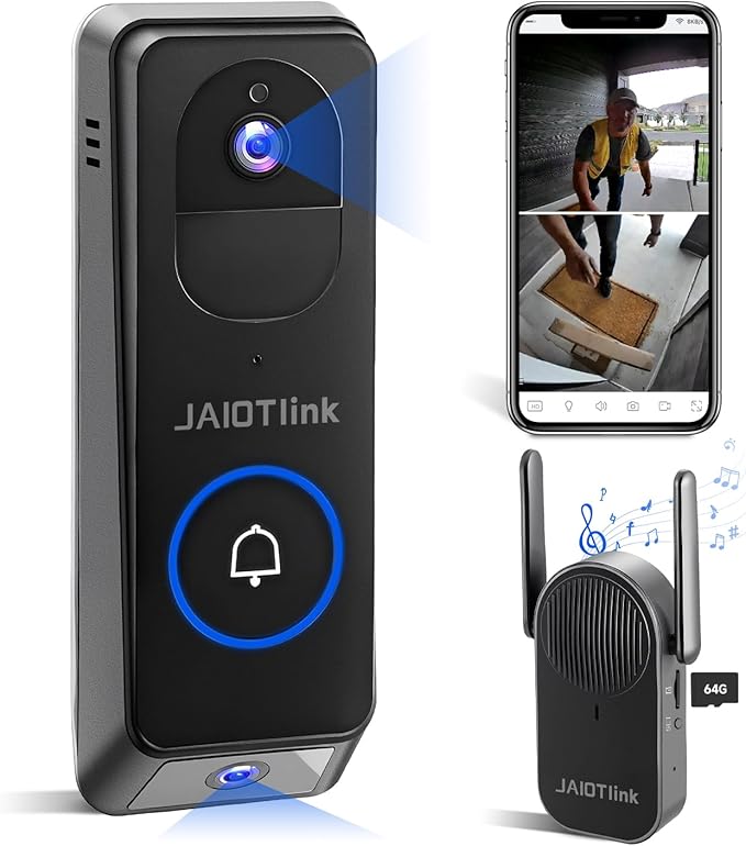 2K Dual Lens Video Doorbell Camera Wireless with Chime, Package Protection, 64GB SD Card, Voice Changer, 2-Way Audio, Night Vision, Compatible with Alexa