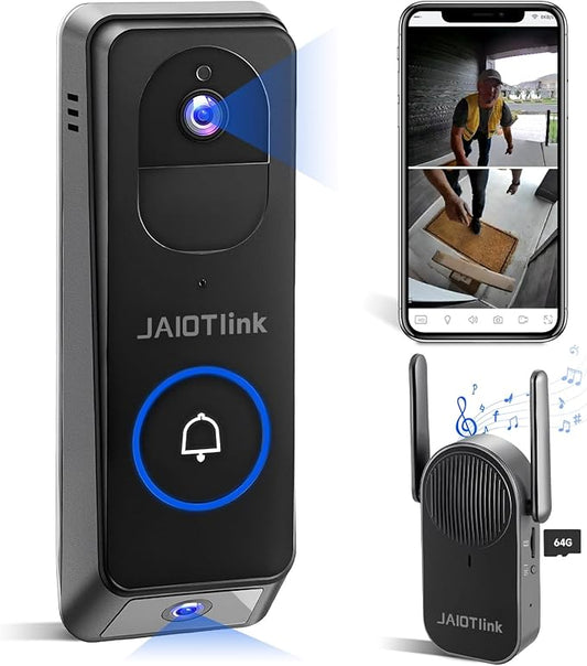 2K Dual Lens Video Doorbell Camera Wireless with Chime, Package Protection, 64GB SD Card, Voice Changer, 2-Way Audio, Night Vision, Compatible with Alexa