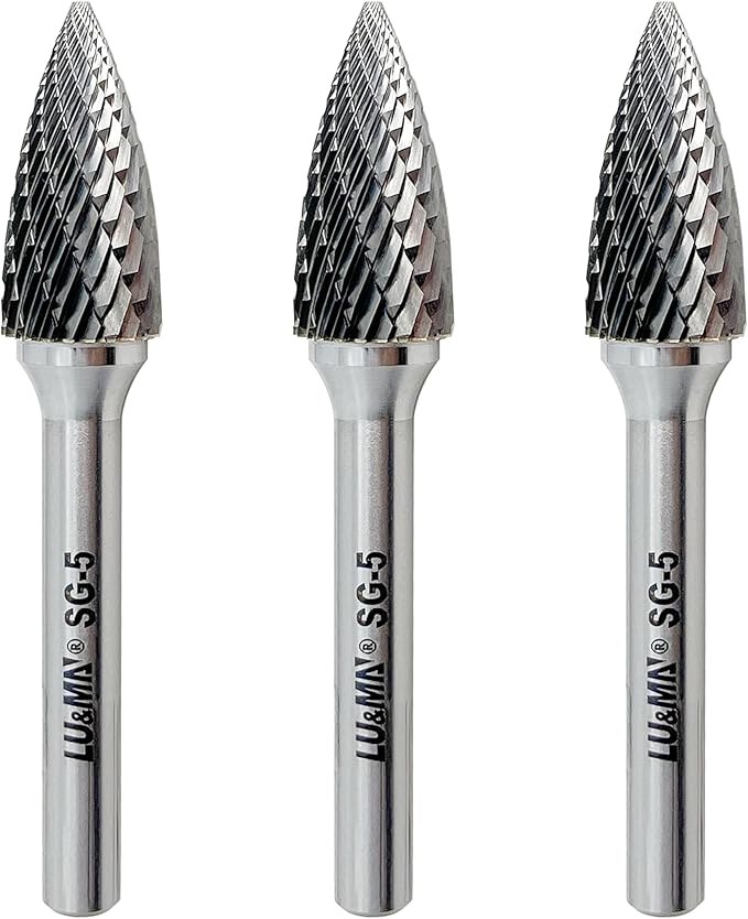 LU&MN SG-5 Double Cut Tree Shape Tungsten Carbide Rotary Burr with 1/4" Shank for Die Grinder and Drill,3PCS