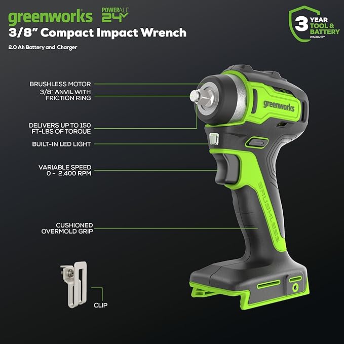 Greenworks 24V Brushless Cordless Tool Kit: 3-in-1 Drill Driver, Impact Driver & Impact Wrench with 2x 2Ah Batteries & Charger – Lightweight, Compact for DIY