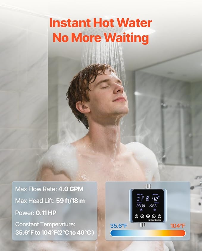 VEVOR Digital Smart Instant Hot Water Recirculating Pump Kit, with Built-in Thermostat, Timer, Digital Screen, Under Sink Recirculation Circulation Circulator Pump System, for House Water Heaters