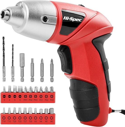 Hi-Spec 27pc 3.6V Red Small Power Electric Screwdriver Set. Cordless & Rechargeable with Driver Bit Set