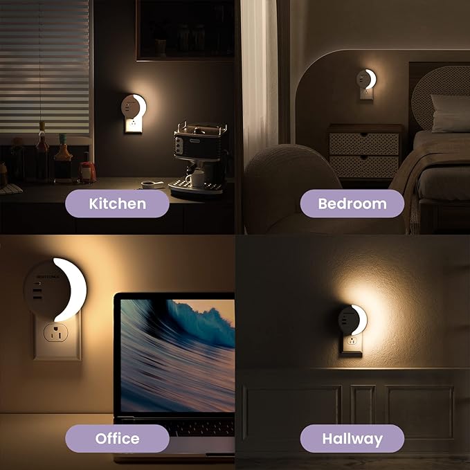 ROOTOMA Led Night Light Plug Into Wall, Dimmable Night Light for Kids with USB Wall Charger 3 Ports,Smart Dusk to Dawn Sensor Adjustable Brightness,for Bedroom, Bathroom, Stairs, Kitchen, Hallway