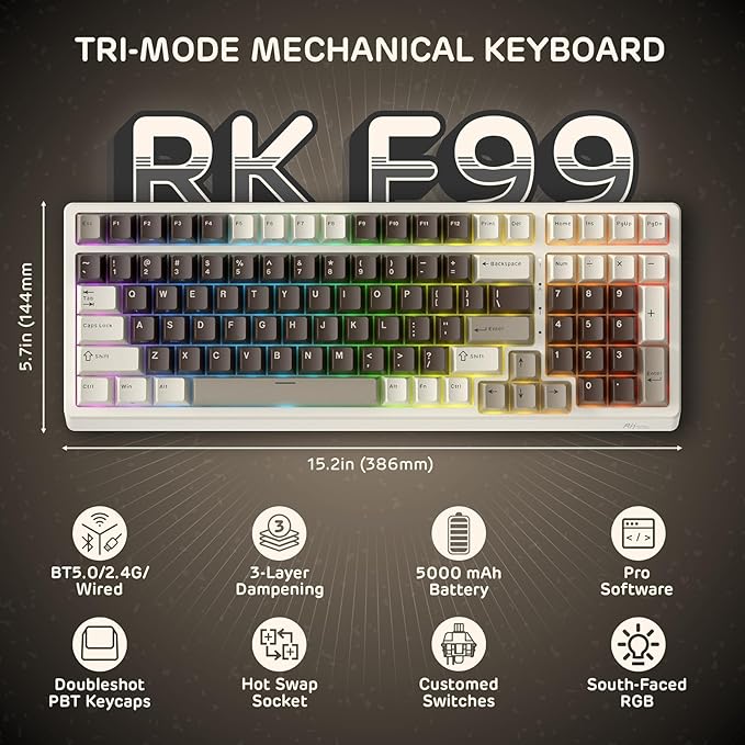 RK ROYAL KLUDGE F99 Wireless Mechanical Keyboard with Numper Pad, Tri-Mode Hot Swappable 95%100 Keys Gaming Keyboard BT/2.4G/USB-C, Pro Software, 5000mAh Battery, Customed Linear Creamy Switches
