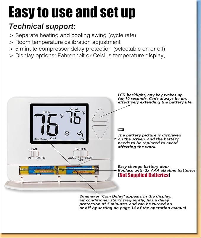Non Programmable Thermostat for Home 1 Heat/1 Cool Single-Stage Compatibility, White Backlight
