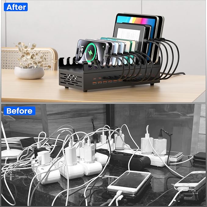 300W USB Charging Station for Multiple Devices, 24 Port USB ~C Fast Charging Station, Multi Device Charger Station Organizer Compatible with Tablet, Laptop, Cellphone, iPhone, iPad and More