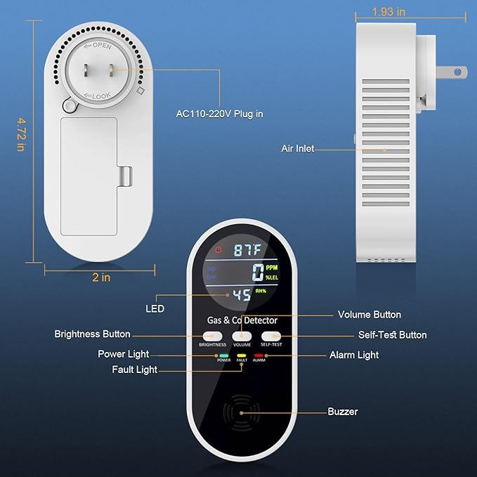2 Packs Combination Gas & Carbon Monoxide Detectors Plug in, 5-in-1 Natural Gas Detector & Carbon Monoxide Alarm with Temperature (°F) and Humidity, CO Detector with Built-in 9V Battery for Home, RV