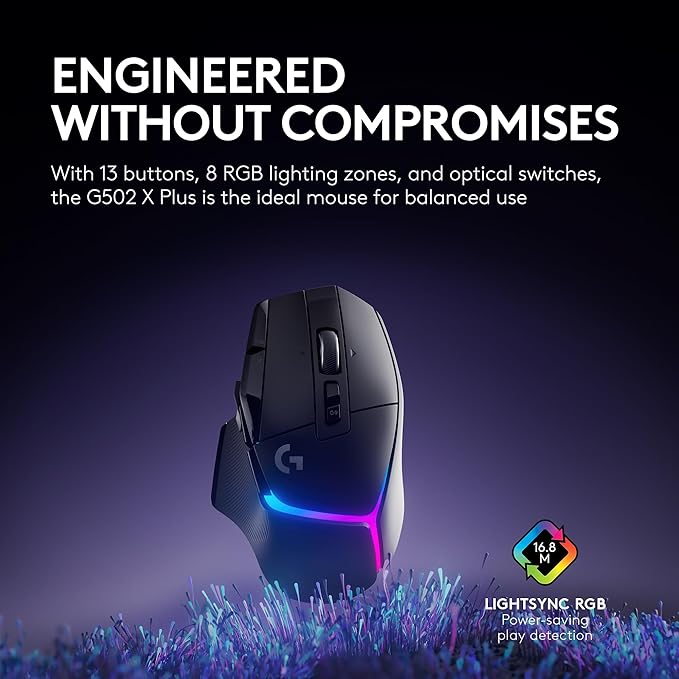 Logitech G502 X Plus Wireless Gaming Mouse - LIGHTSPEED Optical, LIGHTFORCE Switches, LIGHTSYNC RGB, HERO 25K Sensor for PC/Mac - Black