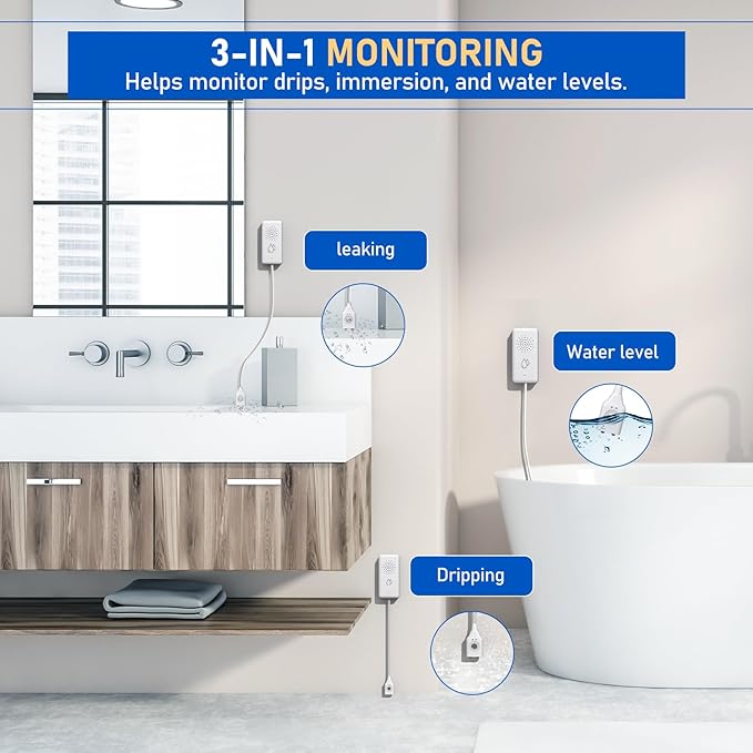 BSEED WiFi Water Leak Detector 5 Pack, Smart Water Sensor with Cable, 85dB Audio/App/SMS/Email Alarm, Rapid Leak Detection for Home, Kitchen, Bathroom, Basement, IP65 Waterproof, No Hub Required