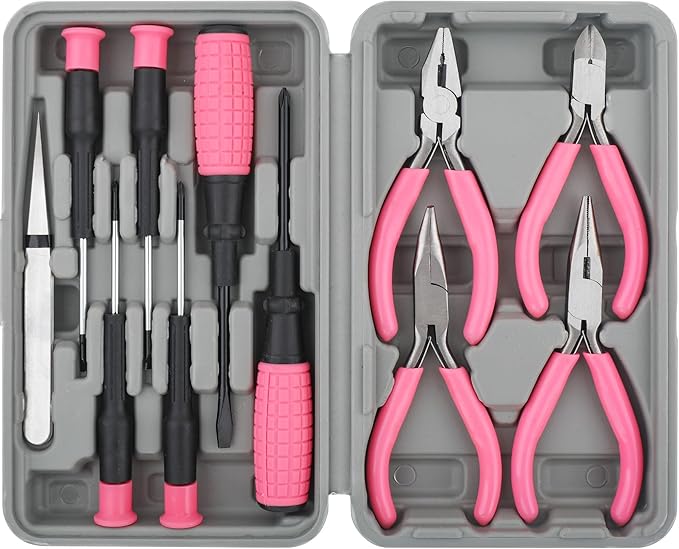 Hi-Spec 11pc Pink Womans Compact Crafts & Home DIY Repair Hand Tool Kit Set with Pliers, Cutters and Precision Screwdrivers for Ladies