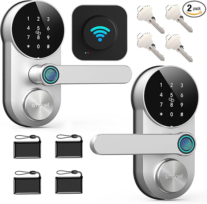 SMONET Keypad Door Lock with Handle: WiFi Smart Fingerprint Lock for Front Door Office Garage Easy Installation App Remote Control 2-Pack,Silver