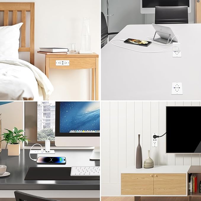 HHSOET 5 in 1 Recessed Power Strip Flat Plug, 20W Fast Charging Furniture Outlet with USB, Conference Recessed Socket with 2 AC Plugs, 2 USB Ports 1 USB-C, 10ft Power Cord. (White)