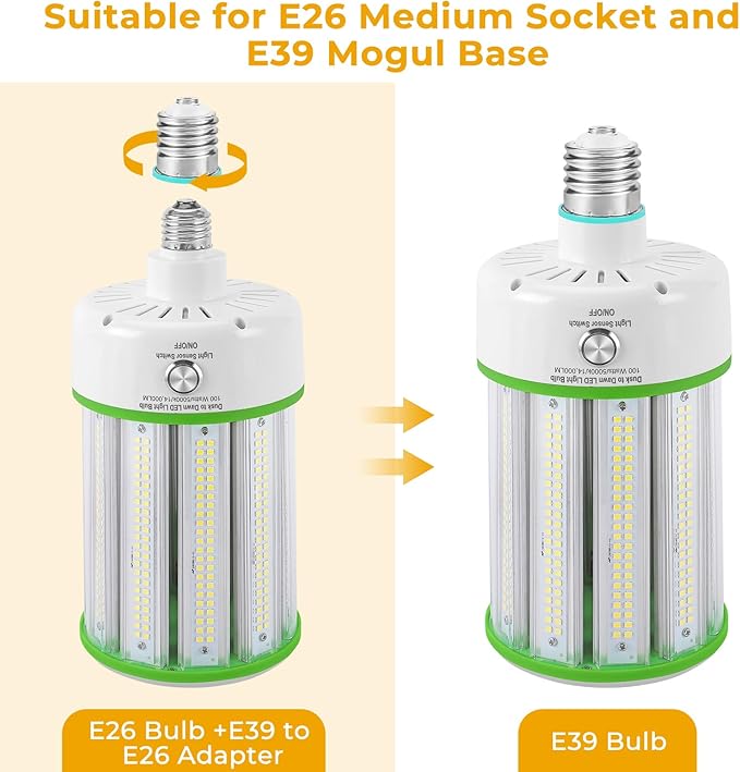 2 Pack Dusk to Dawn LED Corn Light Bulbs 100W(Equivalent 1000W), E26/E39 Base, 14,000LM 5000K Daylight, Auto On/Off Photocell Sensor, Outdoor LED Light Bulbs for Porch Garage Yard Security