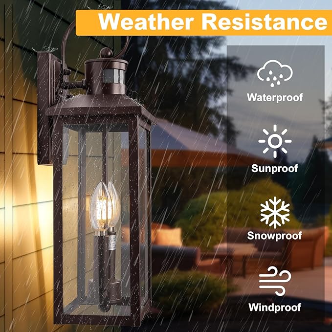 Large Exterior Sconce Motion Sensor, 18" Bronze Dusk to Dawn Exterior Light, 2-Light Brown Outdoor Light Fixture, Aluminum Outdoor Dusk to Dawn Light with E12 Socket for Porch, House, Door, Garage