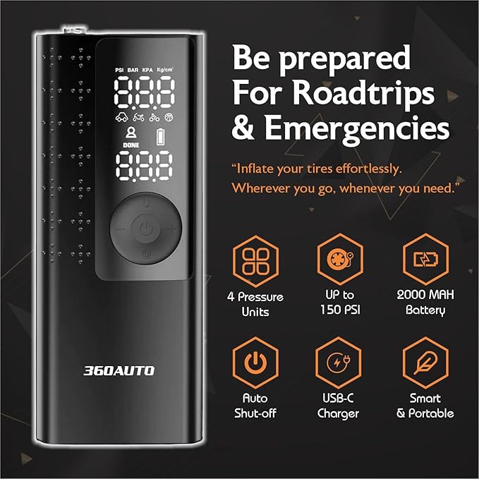 Portable Air Compressor Tire Inflator Pump – Cordless Electric 5X Faster Air Pump for Car, Bike, Ball & More – 150 PSI with Pressure Gauge, Battery Powered, Auto-Off, Accessories Included