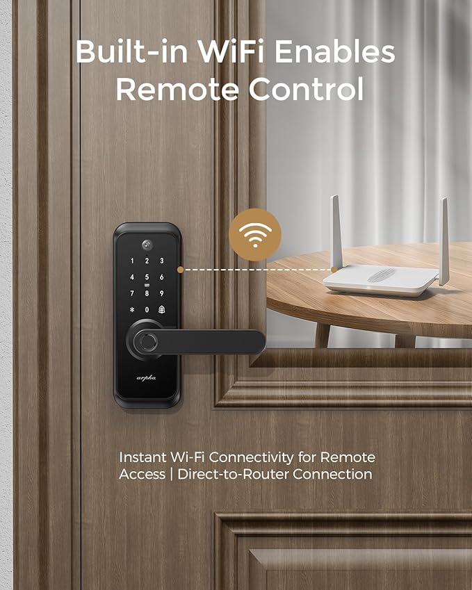 WiFi Video Smart Lock with Camera & Handle - 6-in-1 Keyless Entry (Fingerprint/App/Keypad/FOB/Key/Camera), Built-in WiFi, 2-Way Audio, Auto-Lock, Waterproof - Black