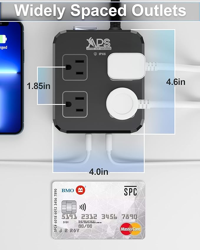 Outdoor Power Strip Weatherproof, Waterproof Surge Protector with 4 Wide Outlet with 3 USB Ports, 6FT Long Extension Cord,1875W Overload Protection，Outlet Extender for Christmas Lights ETL Black