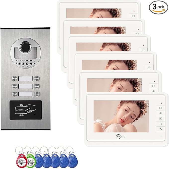 Wired Video Apartment Intercom System,6 Units 7 inch Monitor Video Door Phone Kit,Indoor Outdoor Video Doorbell, ID Card Unlock, 2 Way Audio, 6-Screen for Home Apartment (1 Doorbell+6 Monitor)