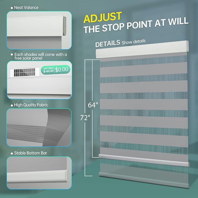 DENFOON Motorized Zebra Blinds, Solar Powered Dual Layer Automatic Shades with Remote Control, Rechargeable Smart Blinds Horizontal Wireless Electric Shades for Windows, Custom Size, Gray， 34 x 72