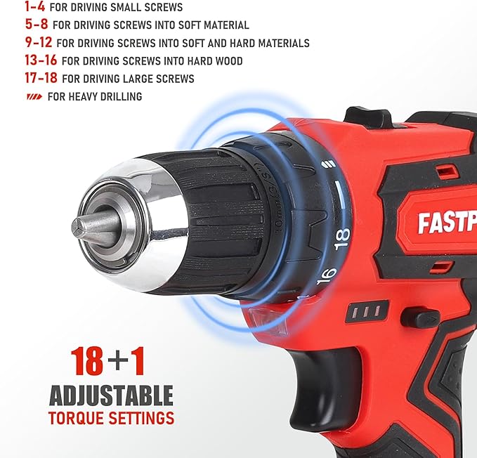 FASTPRO 232-Piece 20V Cordless Lithium-ion Drill Driver & Home Tool Set, Household Repairing Tool Kit with Drill, 12-Inch Wide Mouth Storage Tool Bag, Red