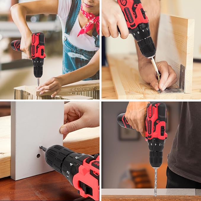 COMOWARE 169PCS Home Tool Kit with 12V Cordless Power Drill, Multi-Task for DIY Home Repair & Maintenance, Red Storage Bag Included