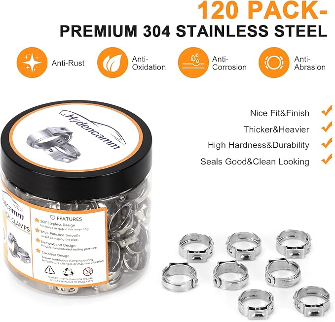 120 Pack 1/2 Inch PEX Cinch Clamps Rings, Premium 304 Stainless Steel Cinch Crimp Rings Pinch Clamps, Stepless Single Ear Hose Clamp for PEX Tubing Pipe Fitting Connections By Hydencamm (1/2"x120)