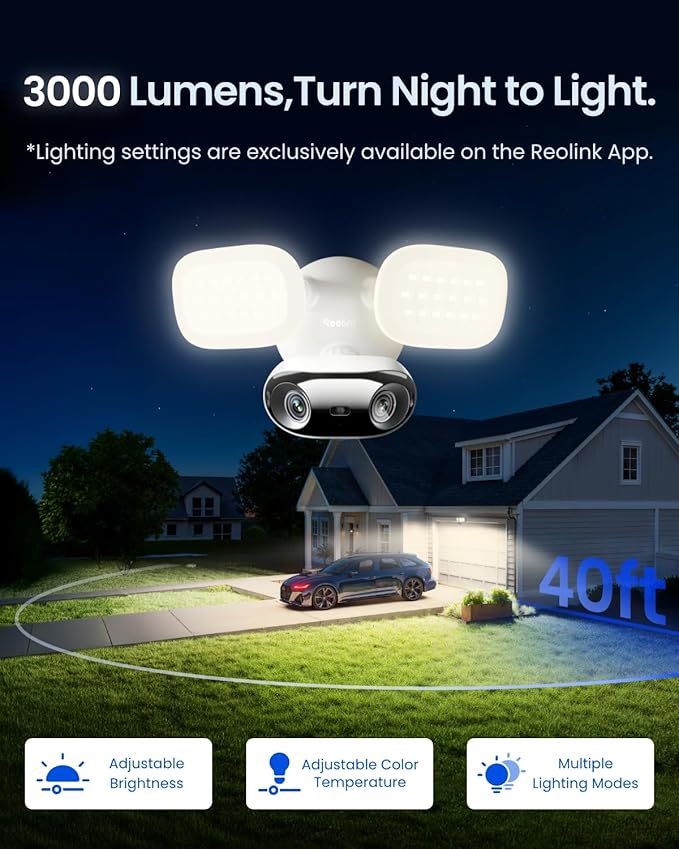 REOLINK Elite Floodlight WiFi, 4K 8MP 180° Panoramic Wired Floodlight Camera, Adjustable 3000 Lumens, Local AI Video Search, Perimeter Detection, Dual-Band Wi-Fi 6, 24/7 Recording, No Monthly Fees