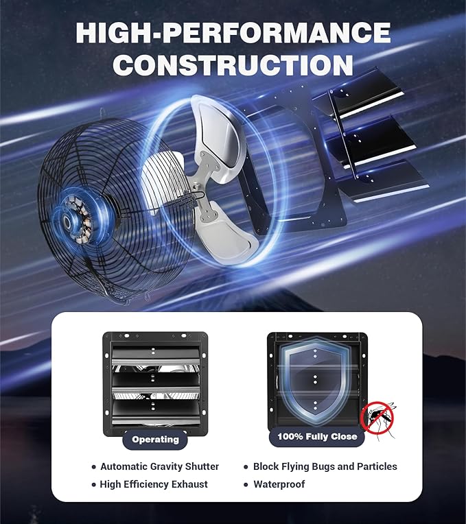 YOZON 10 Inch Attic Fan with Thermostat, Garage Exhaust Fan with Smart Temperature Humidity Controller, EC Motor, 700 CFM, 10-Speed Adjustable for Chicken Coops, Greenhouses, Workshop Ventilation