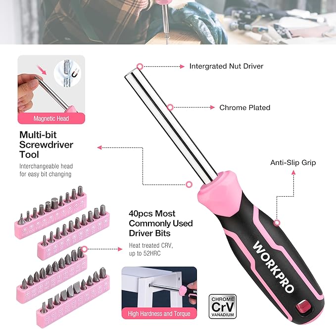 WORKPRO Pink Tool Set, 258 PCS Tool Kit for Women, Basic Household Tool Box with Hammer, Screwdriver Set, Portable Toolkit for Home Repair, New Apartment, House-Warming, DIY - Pink Ribbon