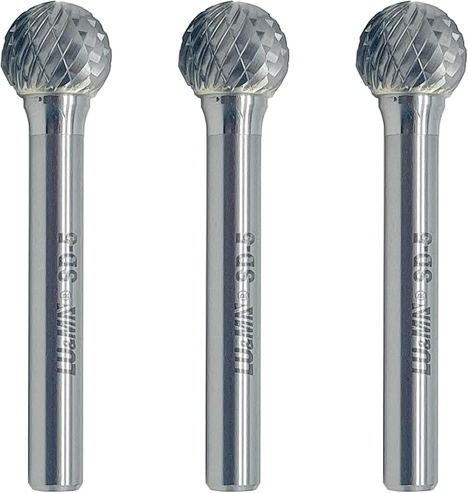 Tungsten Carbide Burr Ball Shape SD-5, Double Cut Rotary Burrs File(1/2''cutter Dia ， 1/2''Cutter Length) with 1/4'' Shank dia, 3 pcs, used for metalwork, tool making, engineering, grinding by LU&MN