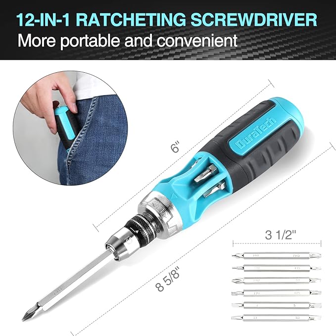 DURATECH Ratcheting Screwdriver, 12-in-1 Multi-bit Screw Drivers, Premium S2 Steel, Innovated Bits Quick-Load Mechanism, with Phillips, Slotted, Torx, Square Bits Stored in Handle