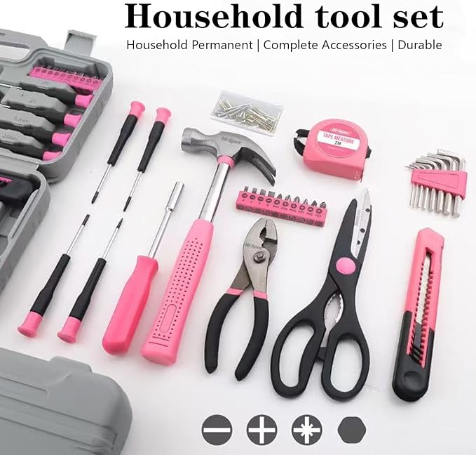 39 Pcs All Purpose Basic Household Pink Tool Kit for Women - Small Tool Set with Toolbox Great for Home, Garage, Office and College Dormitory Use
