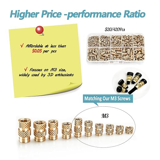 Kadrick 420Pcs M3 M4 M5 Threaded Inserts Assortment Kit for 3D Printing Components, Metric Brass Knurled Nuts, Insert by Heat into Plastic Parts