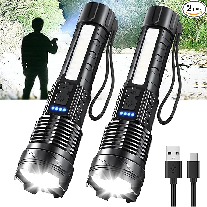 Rechargeable LED Flashlights, 90,000 Lumens Super Bright Handheld Flashlight, 7 Modes with COB Work Light, IPX6 Waterproof, Adjustable Tactical Flash Light for Home,Camping and Emergencies-2 Pack