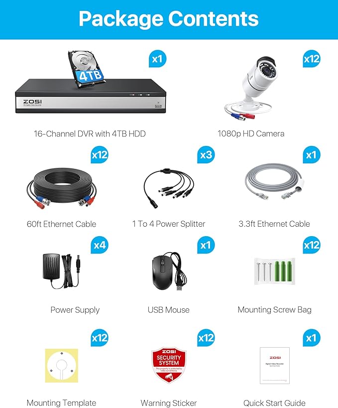 ZOSI H.265+ 1080p 16 Channel Home Security Camera System, 16CH DVR with AI Human Vehicle Detect, 12 x 1080p Surveillance Camera Outdoor, 120ft Night Vision, 105°Wide Angle, Remote Access, 4TB HDD