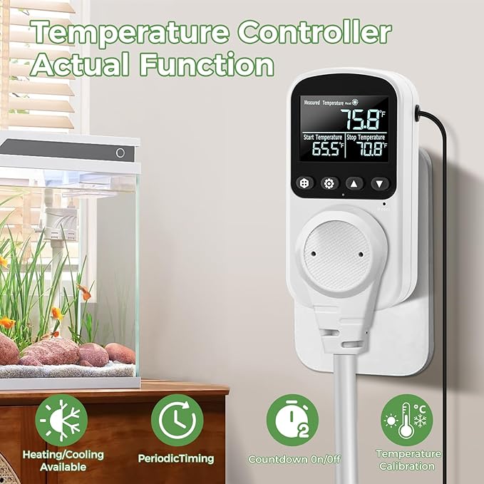 Diymore 1800W Plug in Digital Thermostat Temperature Controller Electric RV Thermostat Outlet Heating Cooling Control Mode Timer 120V 15A -104 ℉~210 ℉ Greenhouse with Thermostat Pool Thermometer