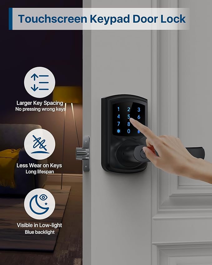 Keyless Entry Door Lock with Keypad and Handle for Front Doors, Touchscreen, Anti-peep Password, Auto-Locking, Matte Black 4 Pack