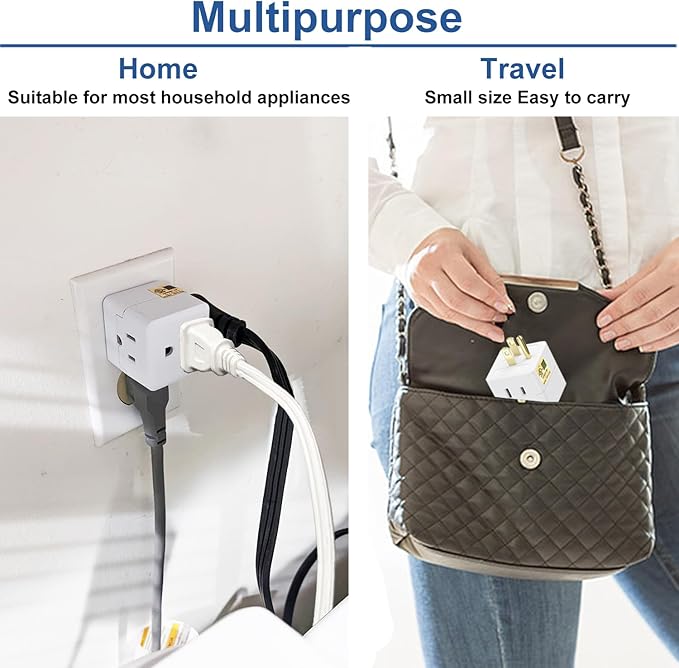 Outlet Splitter 3 Prong,3 Outlet Wall Adapter,Cube Tap Plug Extender,3 Way Wall Outlet Adapter,Multiple Plug Expander,UL Listed,White,2 Pack